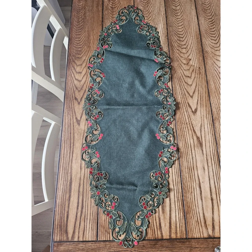 Christmas Holly Green Embroidered Cutout Table Runner 36 Inch Holiday Decor